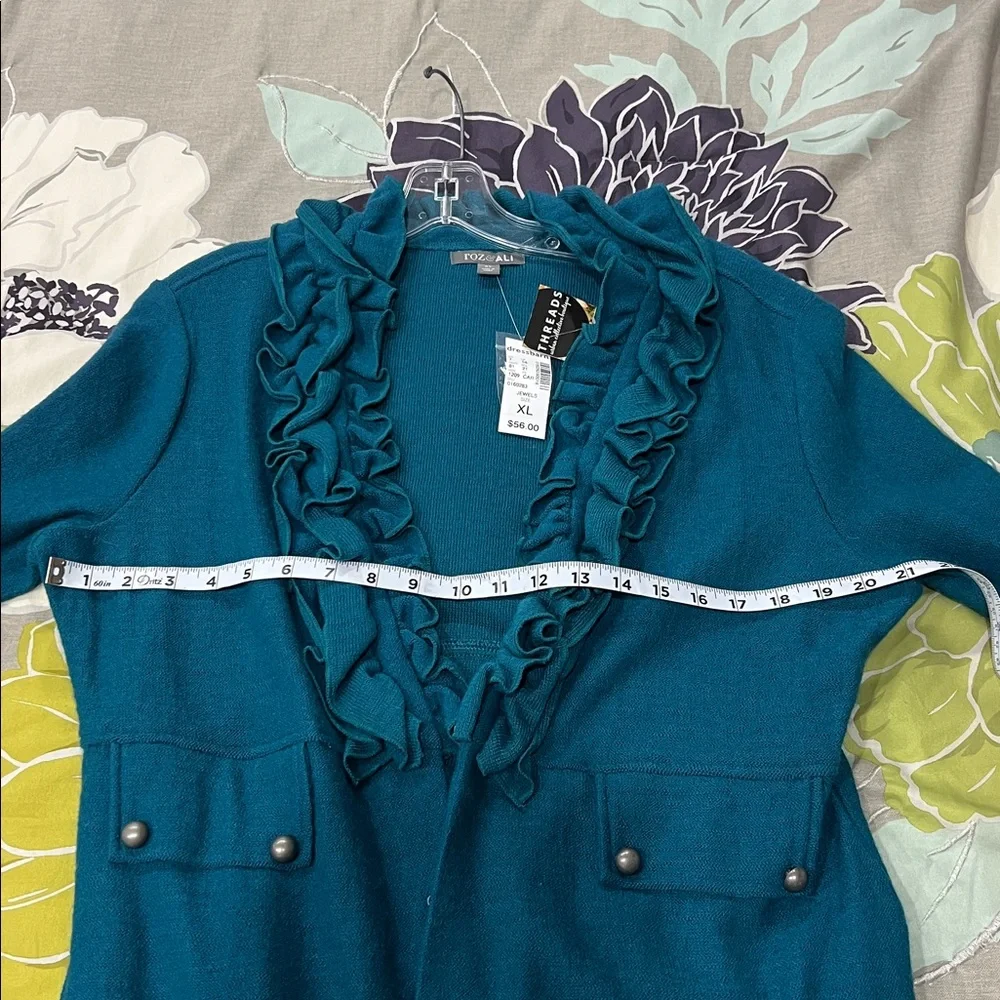 Blue green‎ jacket with ruffle and brass looking buttons - Picture 8 of 8